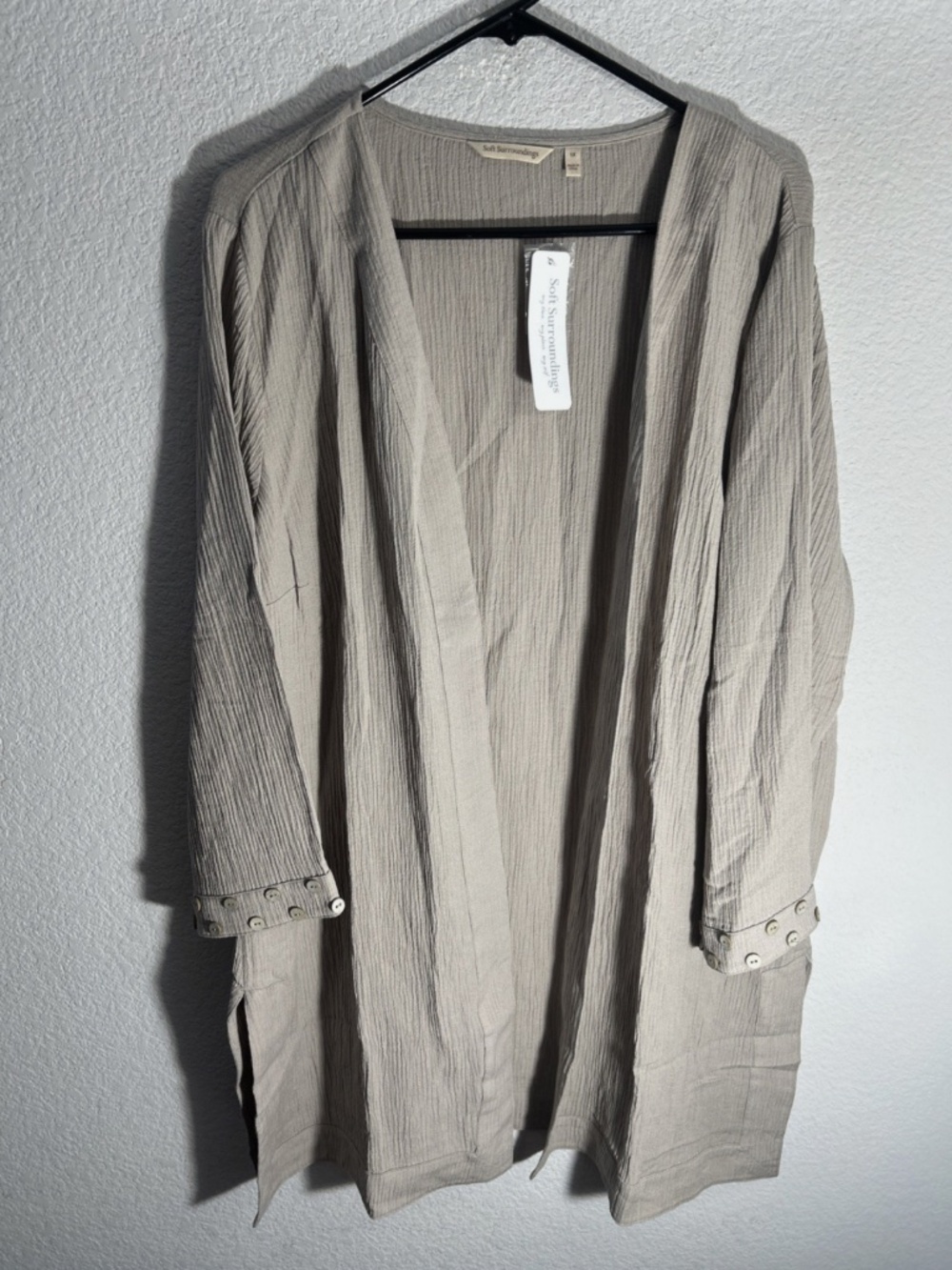 NWT Soft Surroundings Women’s Oceo Gauze Open Front Topper Pebble Taupe 1X